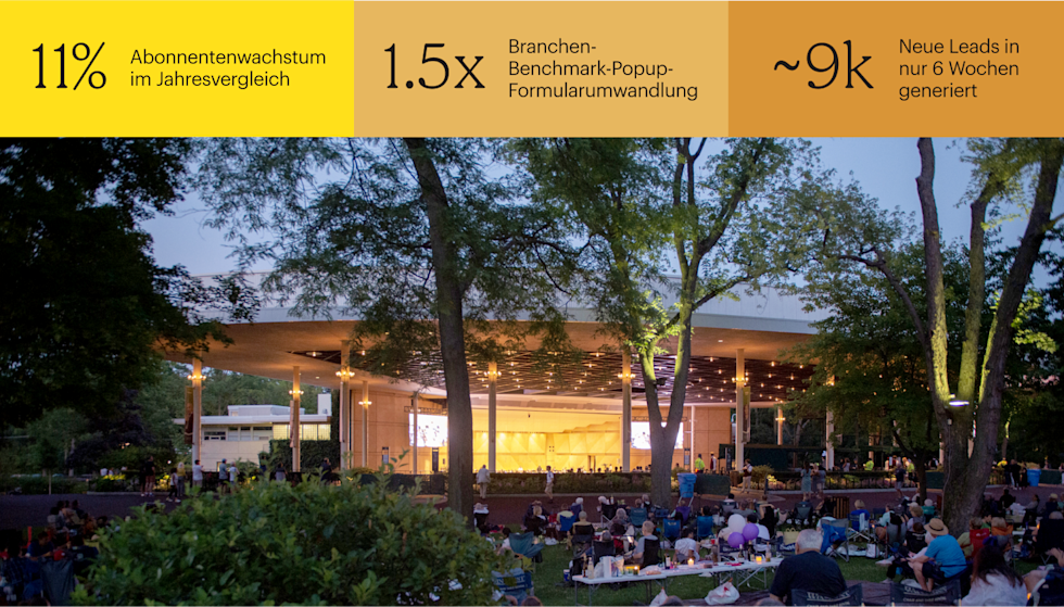 Eine Gruppe von Konzertbesuchern sitzt auf dem Rasen vor der Freilichtbühne von Ravinia. Die Bühne ist hell erleuchtet und von Bäumen umgeben. 