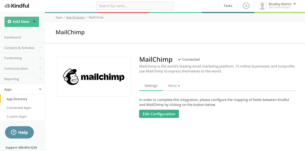 Image of Kindful app directory showing Mailchimp