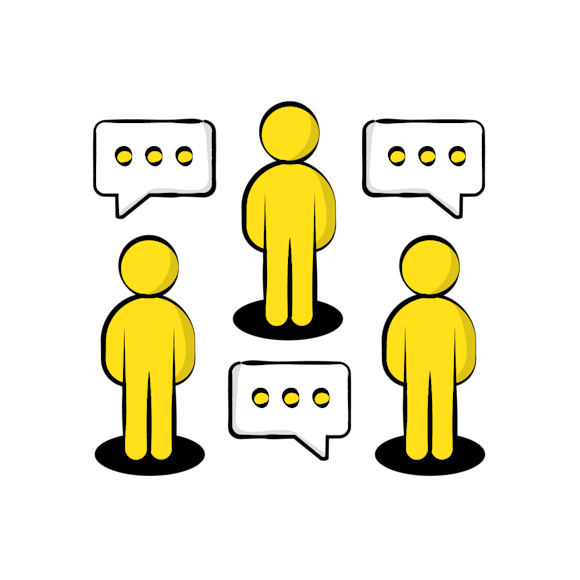 business communication - Three yellow stick figures arranged in a triangle formation with speech bubbles containing ellipses