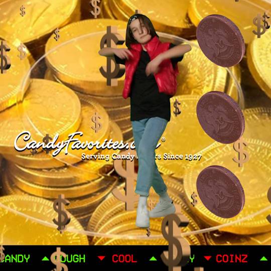 Person in red vest and jeans dancing against background of gold coins and chocolate medallions, with CandyFavorites.com logo