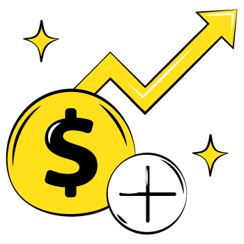 upselling and cross selling - illustration of two circles, one with a dollar sign and upward arrow, the other with a plus symbol