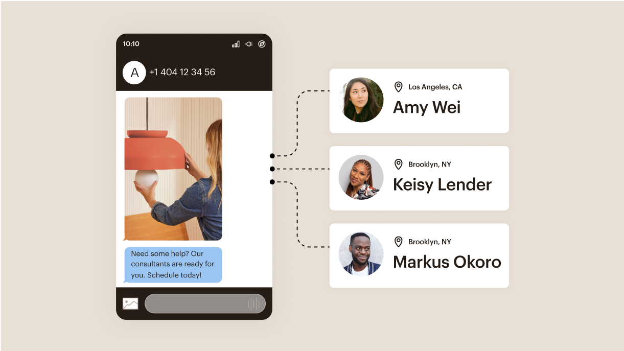 Mobile app interface showing consultant profiles from Los Angeles and Brooklyn, with a chat message offering scheduling assistance