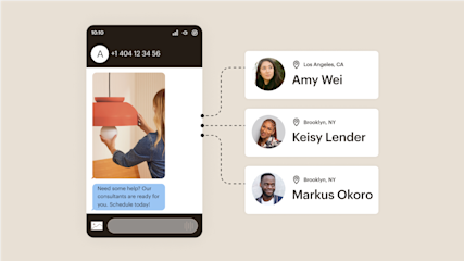 Mobile app interface showing consultant profiles from Los Angeles and Brooklyn, with a chat message offering scheduling assistance