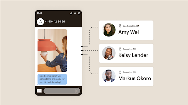 Mobile app interface showing consultant profiles from Los Angeles and Brooklyn, with a chat message offering scheduling assistance
