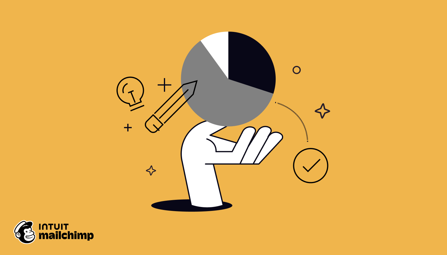 Illustrated hand holding pie chart with pencil and lightbulb icons on orange background, featuring Mailchimp logo