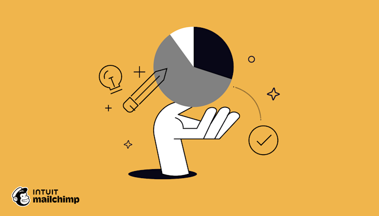 Illustrated hand holding pie chart with pencil and lightbulb icons on orange background, featuring Mailchimp logo