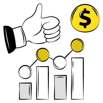 improve your drip emails - Cartoon illustration of rising bar graph with gold dollar coins floating above and a thumbs up icon