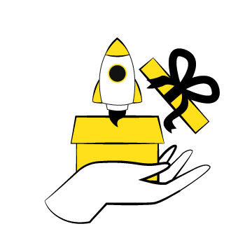 go to market plan - Simple line drawings showing a hand holding a gift box with a rocket launching out