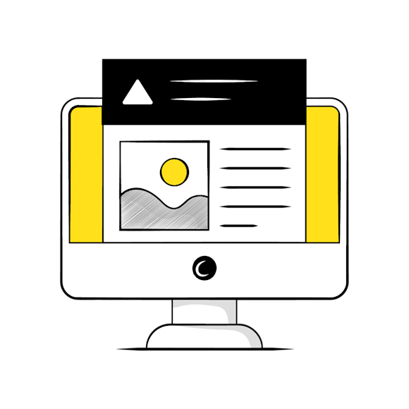 website header  - Minimalist line drawing of a computer monitor displaying a webpage layout with yellow accent elements and black header section