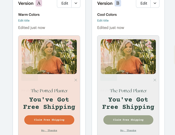 A/B test comparison showing two versions of a free shipping popup for The Potted Planter, one with warm colors and one with cool colors