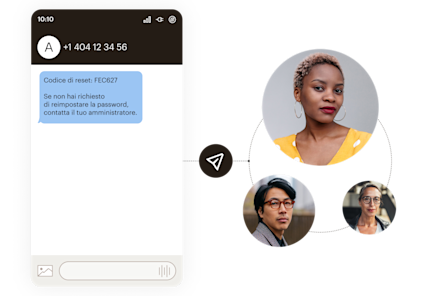 Interfaccia mobile che mostra il codice di reimpostazione della password FEC627 con foto del profilo collegate da linee tratteggiate in un motivo circolare