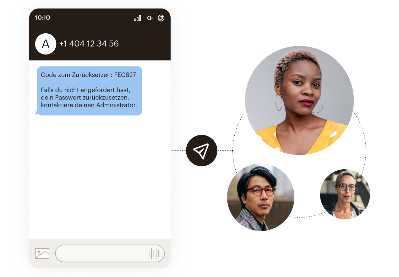 Mobile Schnittstelle mit Passwort-Reset-Code FEC627 und Profilfotos, die durch gepunktete Linien in einem kreisförmigen Muster verbunden sind