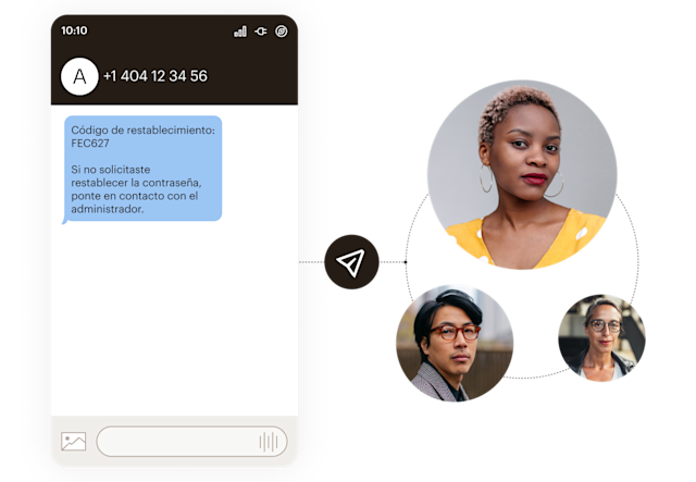Interfaz móvil que muestra el código de restablecimiento de contraseña FEC627 con fotos de perfil conectadas por líneas de puntos en un patrón circular