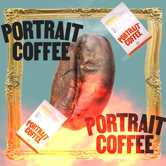 Giant coffee bean glowing red in ornate gold frame with Portrait Coffee packages floating against turquoise background