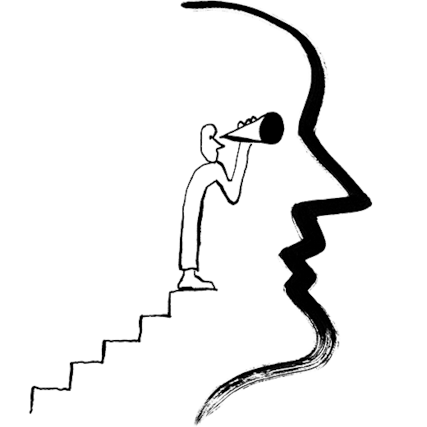 Illustration of person climbing stairs to use a telescope. 