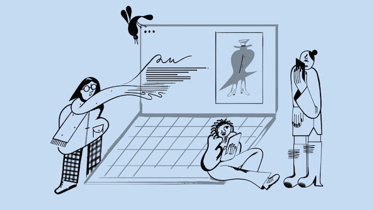 Three people and a bird gathered around a giant laptop.