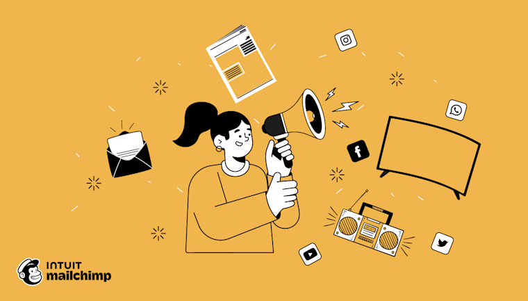 Cartoon figure juggling social media icons and content cards against an orange background, with Mailchimp logo at bottom