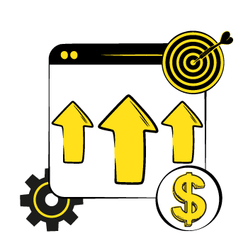 performance marketing - illustration of an interface with upward arrows, a bullseye, and a dollar sign
