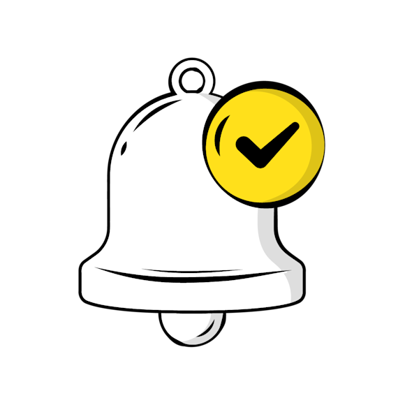 keep subscribers engaged - Simple line drawing of a bell icon with a yellow notification circle containing a check mark