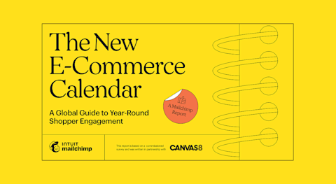 Yellow banner with "The New E-Commerce Calendar" title and Mailchimp logo, featuring a coral circular badge and decorative spiral lines
