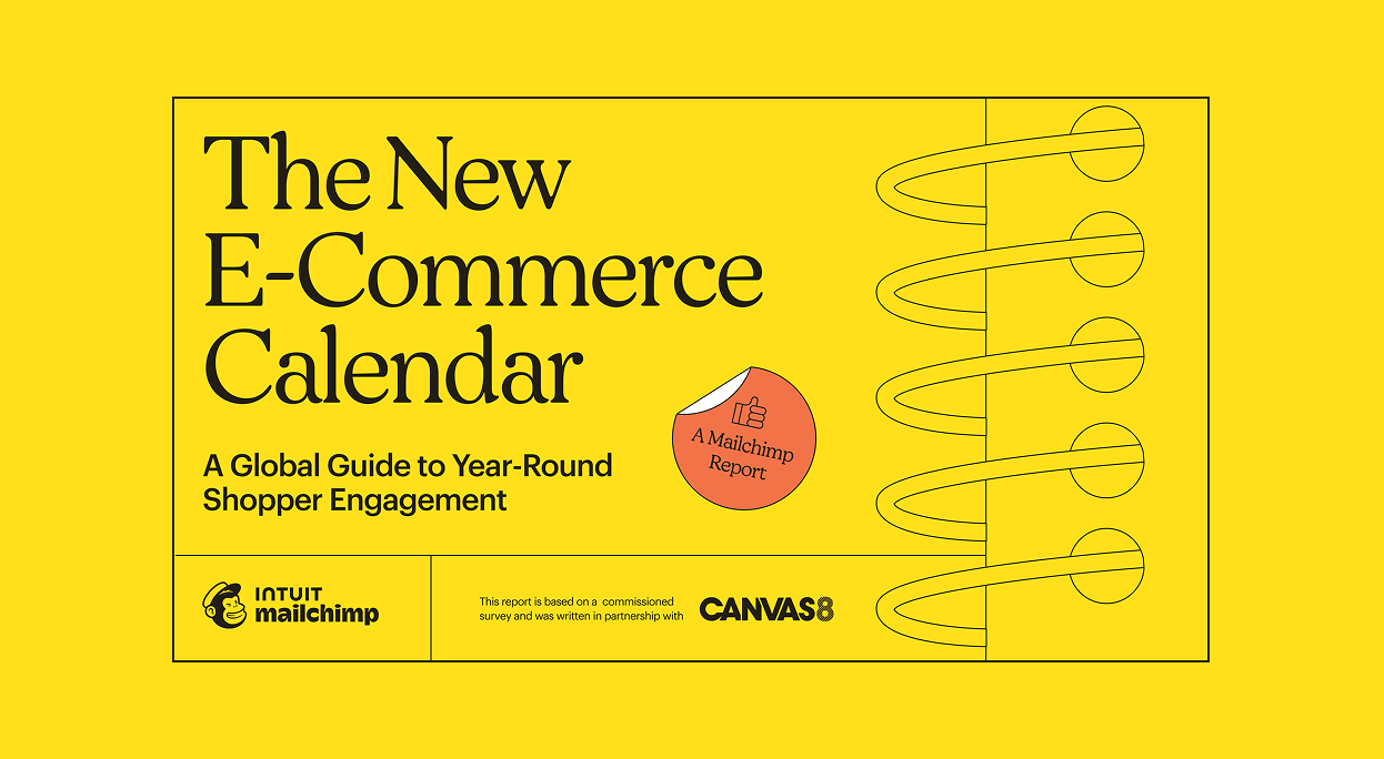 Yellow banner with "The New E-Commerce Calendar" title and Mailchimp logo, featuring a coral circular badge and decorative spiral lines