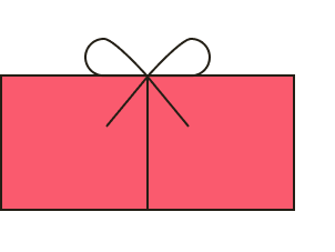 A pink rectangular gift box or present with a simple white bow drawn on top