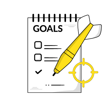 marketing goal examples - Simple line drawing showing a checklist, highlighter pen, and goal-setting document with yellow accents