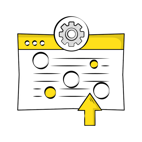 optimize your size - A minimalist interface design showing a settings gear icon in a yellow header bar above a list with yellow highlights and an upward arrow