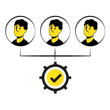 a balanced team - Simple line drawing icons showing three faces in circles and arrows connecting them in a triangular pattern