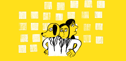 Illustration of two people and a dog wearing white lab coats against a bright yellow background with scattered white squares