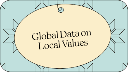 Decorative oval tag with text "Global Data on Local Values" on light blue background with geometric border design