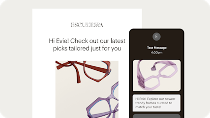 Example customer experiences for multichannel messaging from a fictitious eyeglasses brand call. The same message, promoting new products, is depicted as both an email and an SMS.