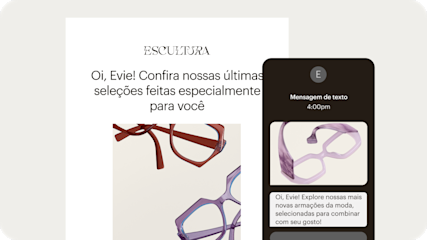 Exemplos de experiências de clientes para mensagens multicanal de uma marca fictícia de óculos. A mesma mensagem, promovendo novos produtos, é apresentada tanto como um e-mail quanto como um SMS.