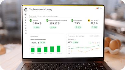 Image d’un ordinateur portable affichant la fonctionnalité Tableau de bord marketing de Mailchimp sur son écran