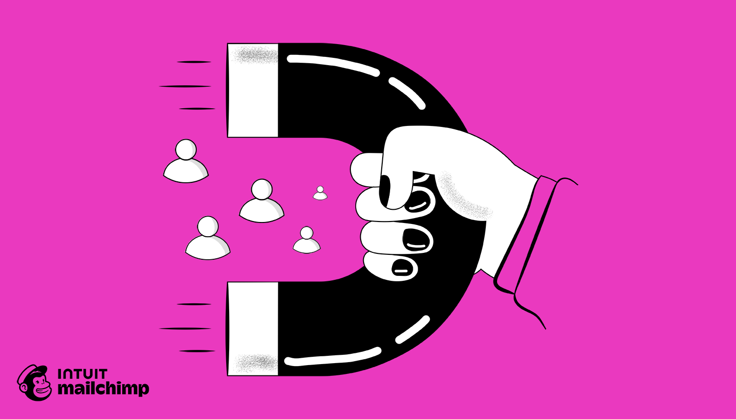 A large magnet attracting small white user icons against a bright pink background, illustrating customer attraction or audience targeting