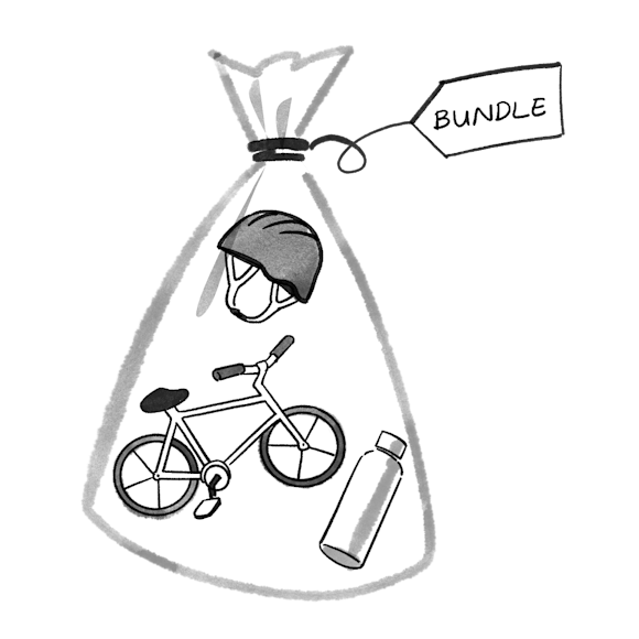 A bundle package showing a bicycle, helmet, and water bottle in a simple black and white illustration with a tag labeled "BUNDLE"