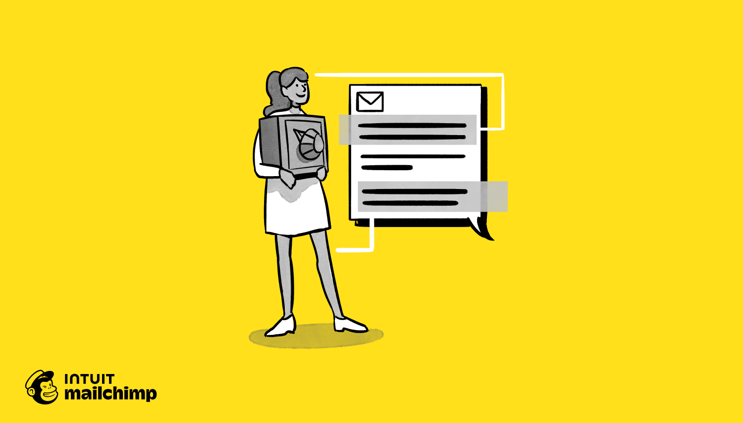 Illustration of a figure wearing a backpack standing next to an email message icon on a bright yellow background