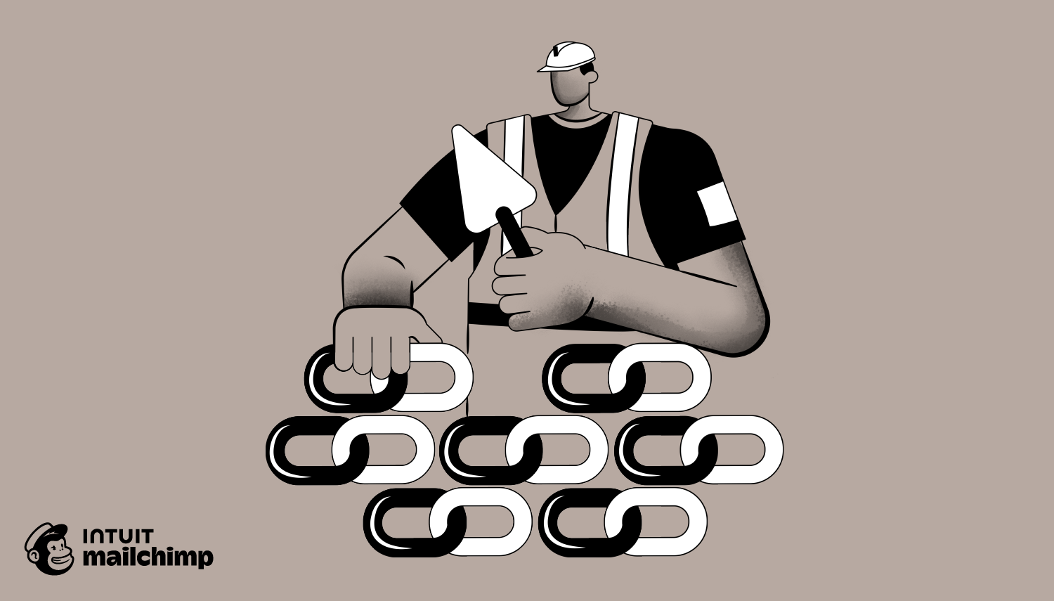 Construction worker in safety vest and hard hat building with chain links, illustrated in black and white minimalist style