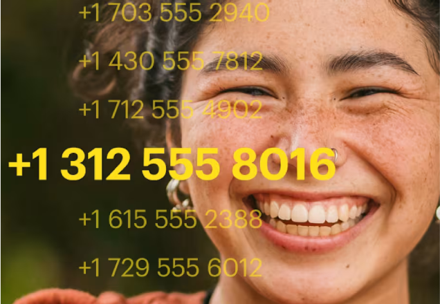 Close-up photo showing a bright, genuine smile against a blurred natural background, with various phone numbers overlaid in yellow text