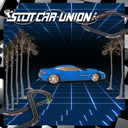 Blue sports car on retro-style grid background with palm trees and slot car racing track, "Slot Car Union" logo at top