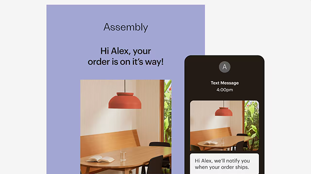 Mobile app interface showing order confirmation message with dining room photo featuring wooden table and coral pendant light