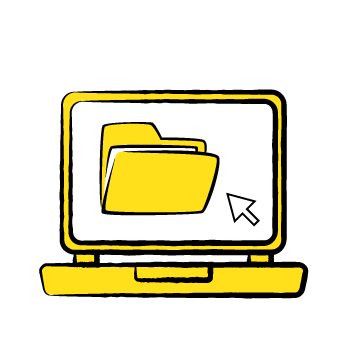 storyboarding - Simple line drawing of a computer screen displaying a folder in yellow and black