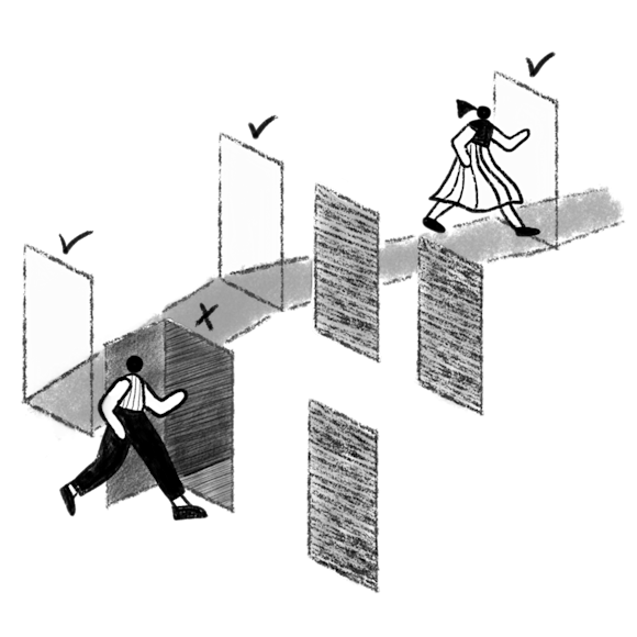 People walking through doors