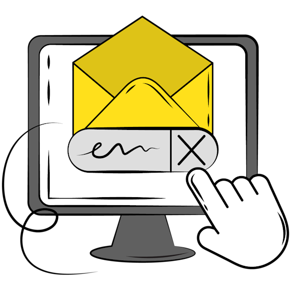 email unsubscribe rate - Cartoon illustration of a hand clicking on a computer monitor displaying a yellow graduation cap icon