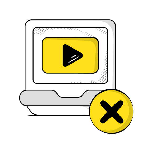 email video challenges - Laptop screen showing video player with play button icon and yellow cancel or close button with X symbol