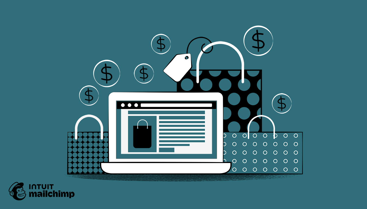 Stylized illustration showing a computer screen with dollar signs floating above, featuring Intuit and Mailchimp logos at the bottom