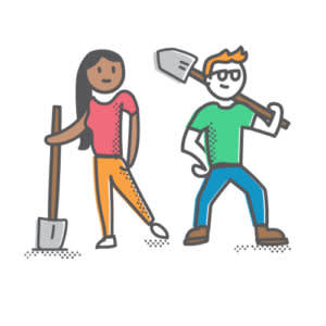 Simple cartoon illustration of two people with gardening tools - one holding a shovel and another with a spade