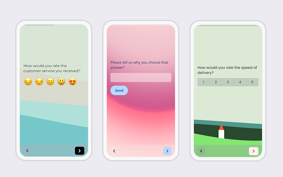 Three mobile survey screens with emoji rating, open text, and numeric scale questions on colorful gradient backgrounds.