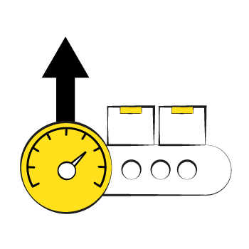 increase profits - clock icon with upwards arrow and three dots to the right with two mini rectangles above it