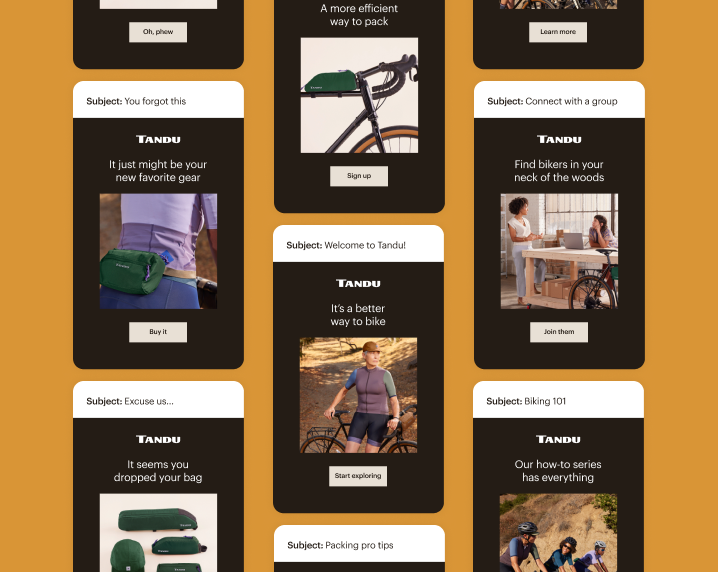 Collection of email marketing templates showing cycling-related content, green bike bags, and outdoor scenes on a dark background with Tandu branding
